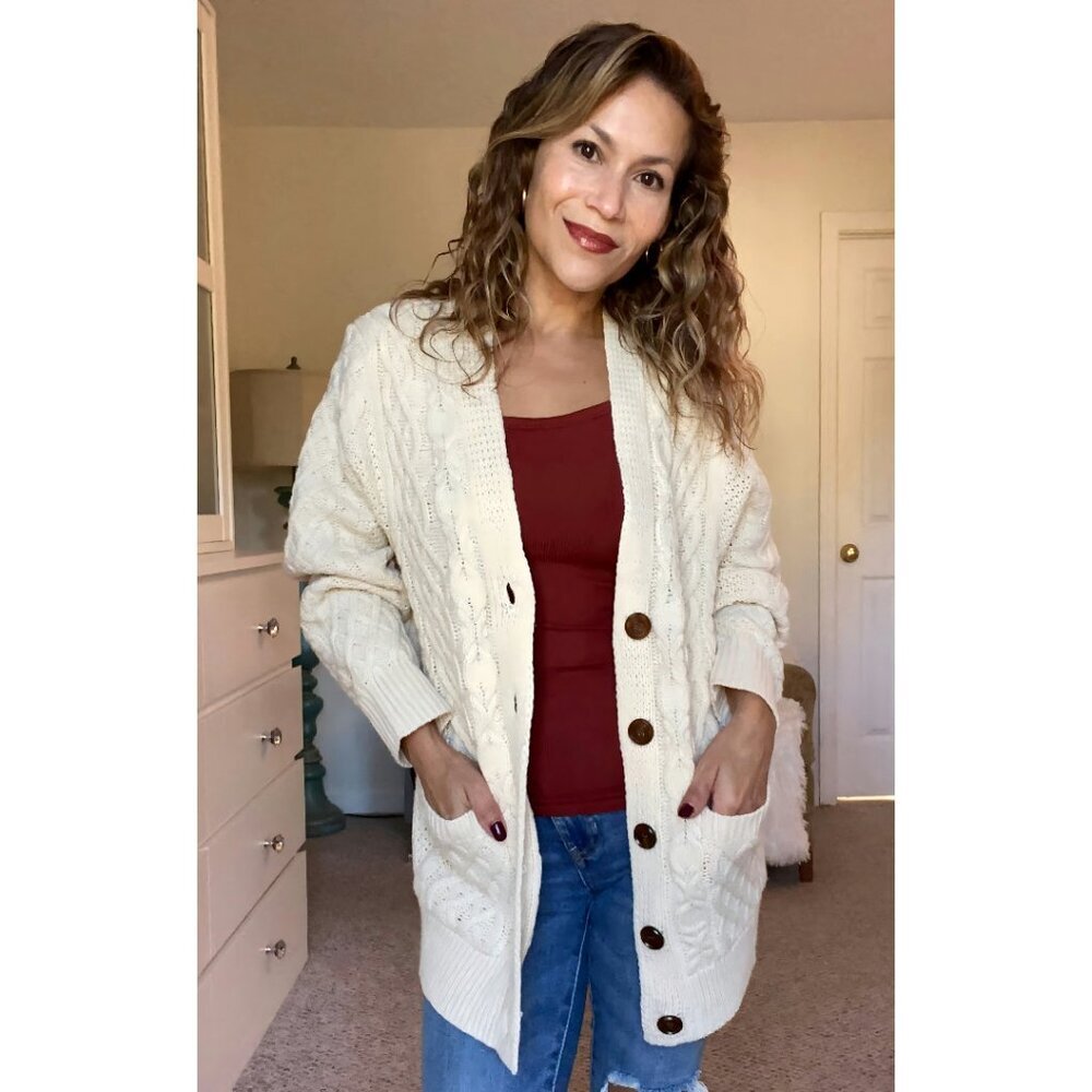 Long Sleeve Cable Knit Cardigan with Pockets, Loose Fit, 100% Acrylic - Picture 8 of 8